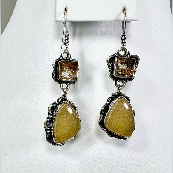 Jewelry - Yellow Agate Dichroic Glass 925 Gemstone Earrings
